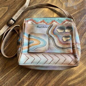 Anuschka Southwest Beige Gray Purse Hand Bag Painted Leather